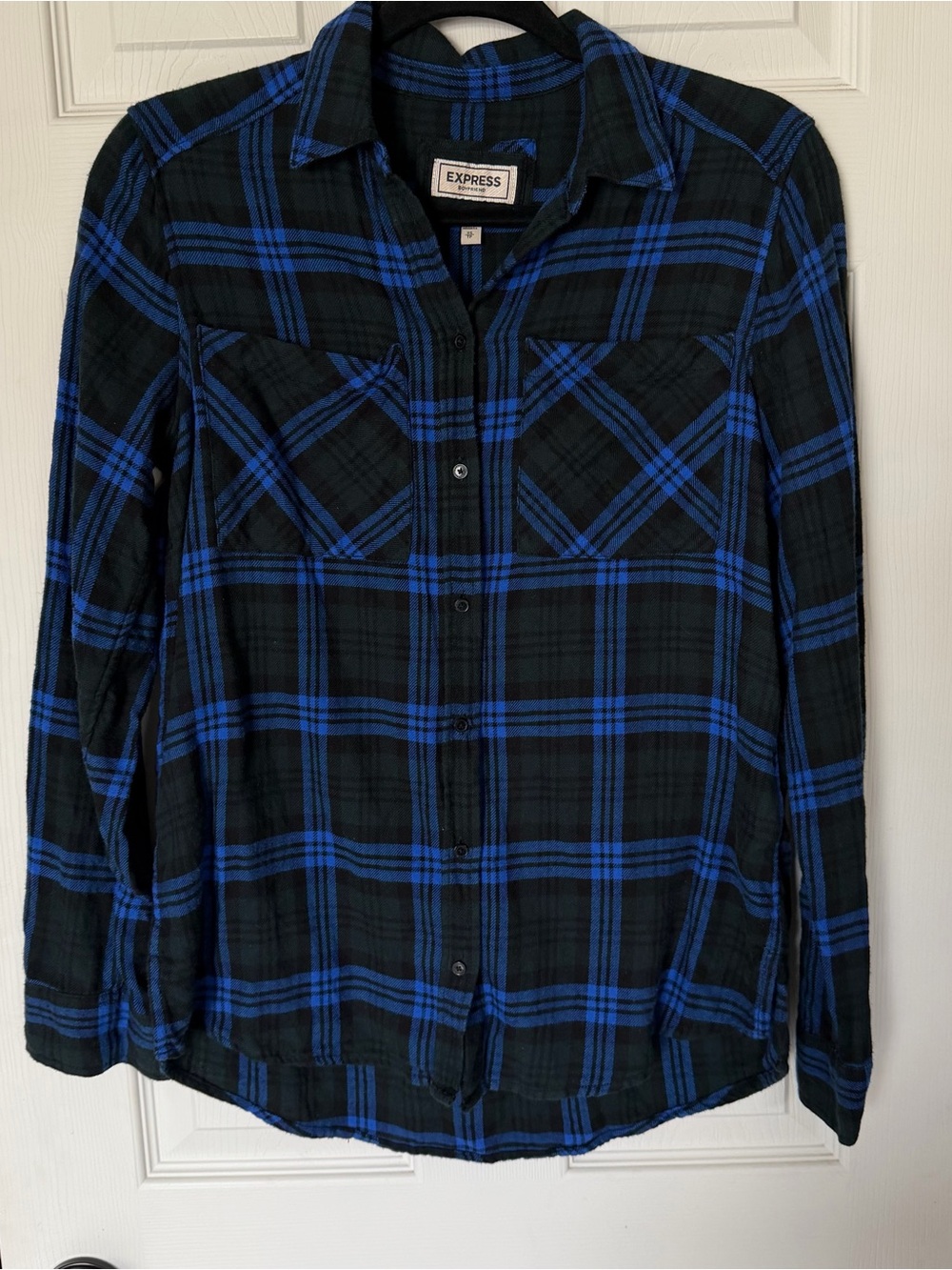 Express Black and Blue Plaid Button-Up Blouse